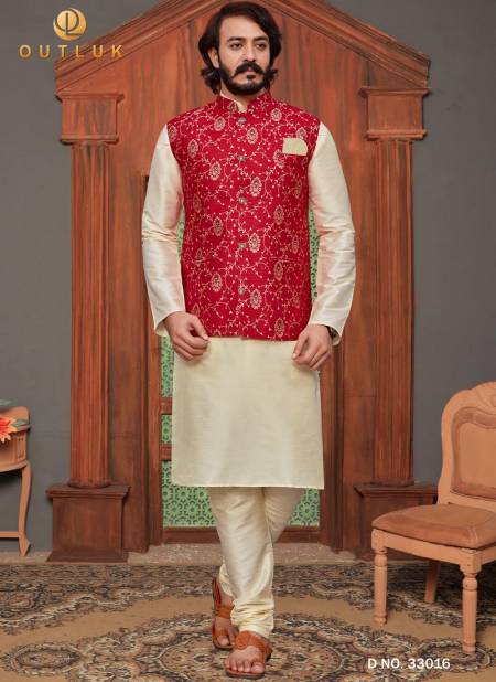 Cream And Red Colour Latest Design Festive Wear Art Silk Digital Printed Kurta Pajama With Jacket Mens Collection 33016